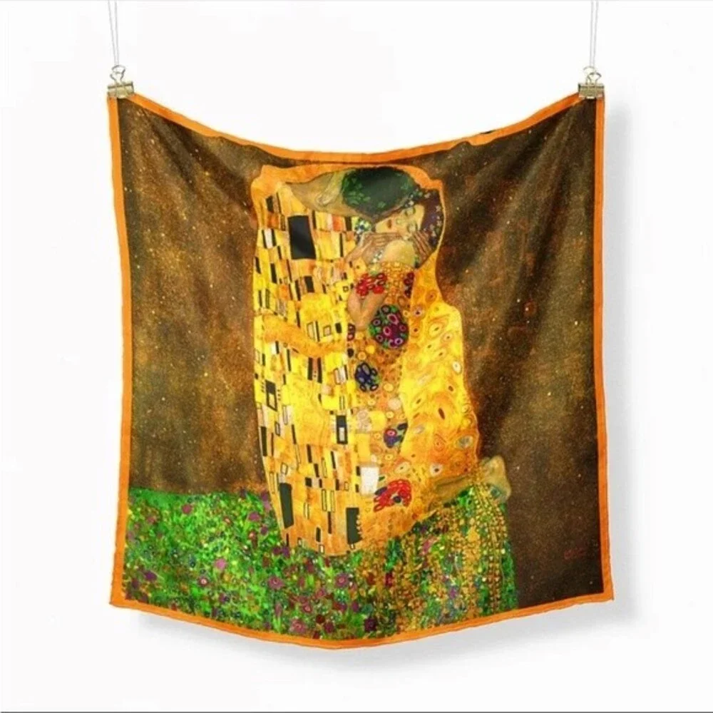 GUSTAV KLIMT Scarf The Kiss Painting Square Kerchief Silky Satin